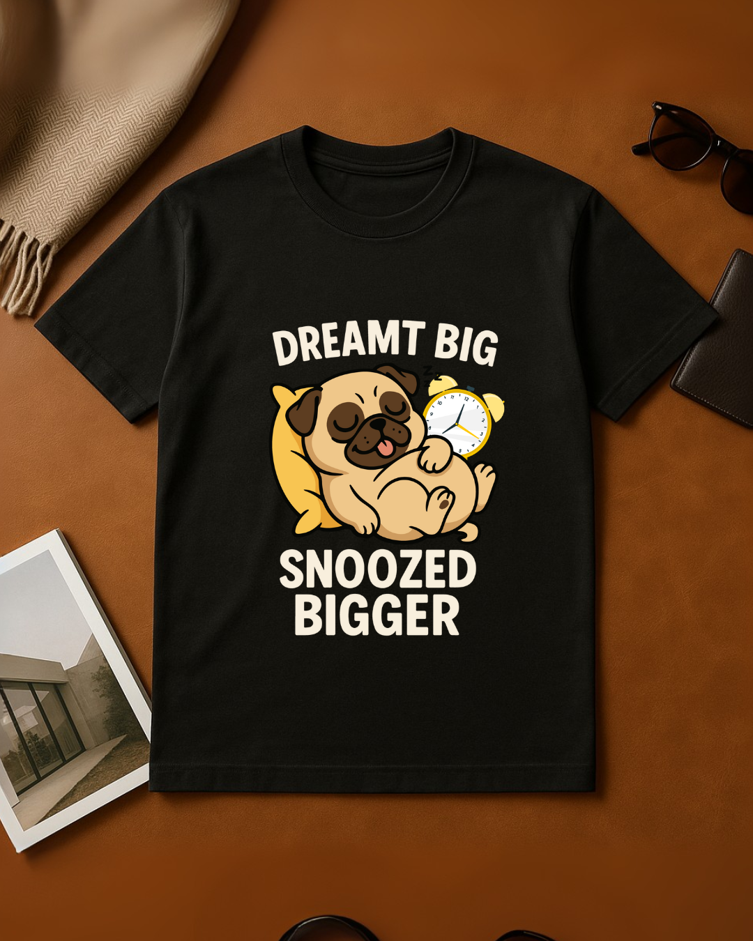 Black Round Neck T-Shirt Women – "Dreamt Big, Snoozed Big"