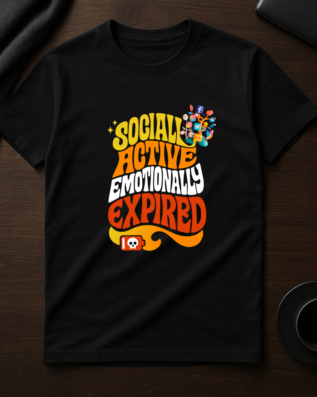 Black Round Neck T-Shirt Women – "Socially Active, Emotionally Down"