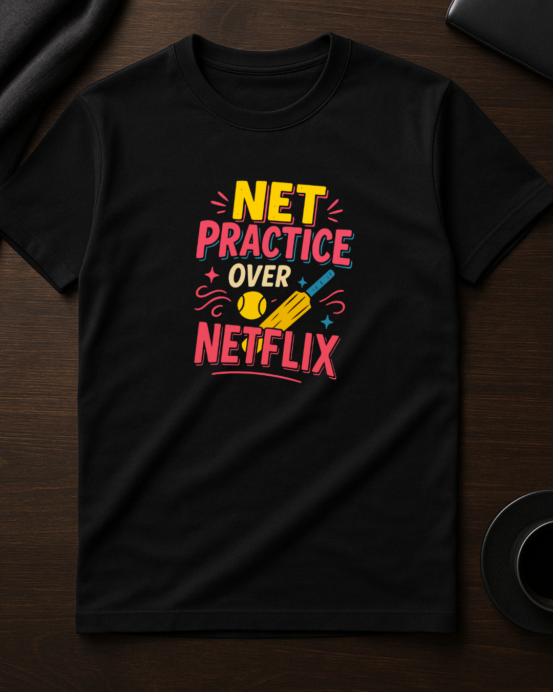 Black Round Neck T-Shirt Men "Net Practice Over Netflix"