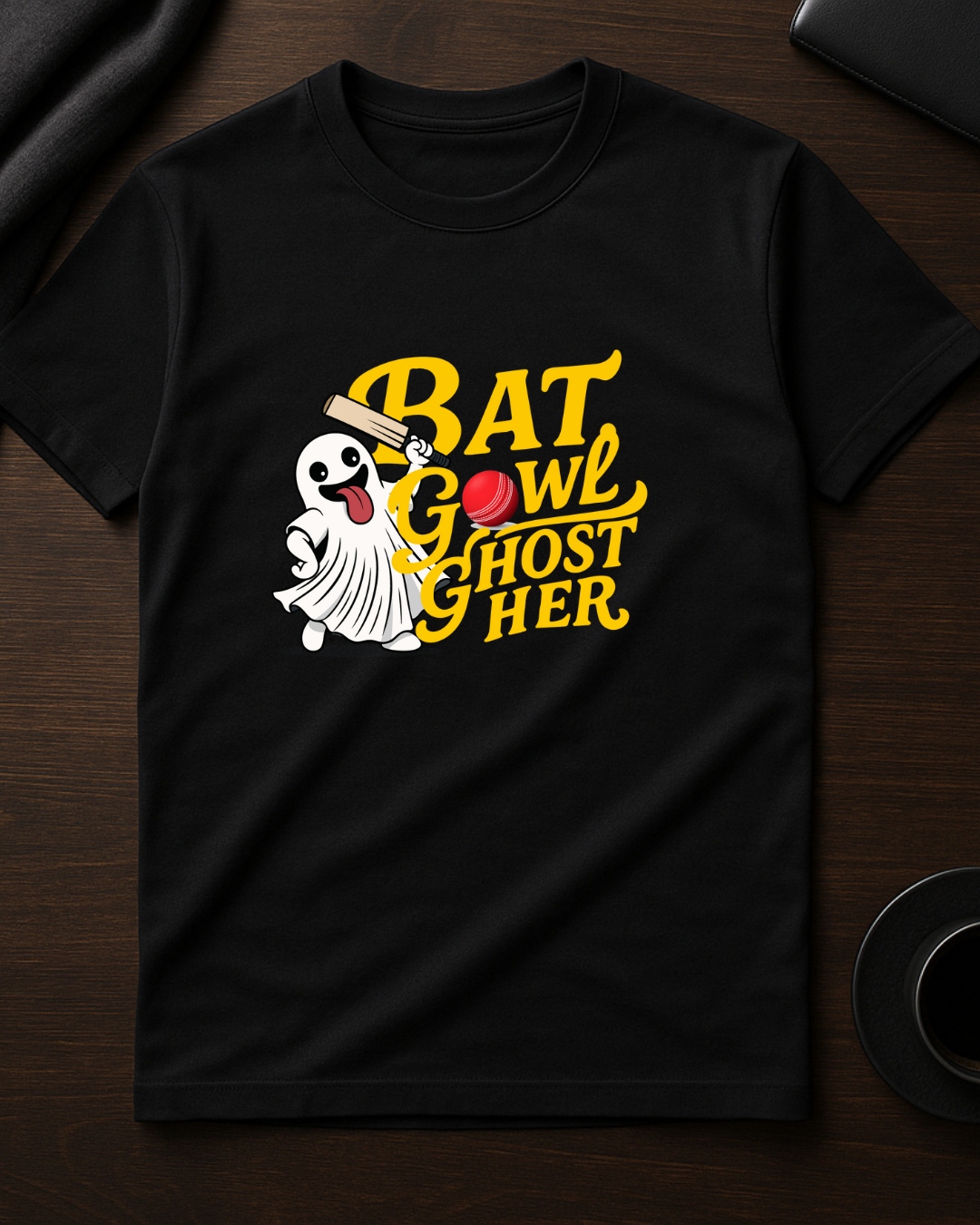 Black Round Neck T-Shirt Men – "Bat, Bowl, Ghost Her" Slogan Print