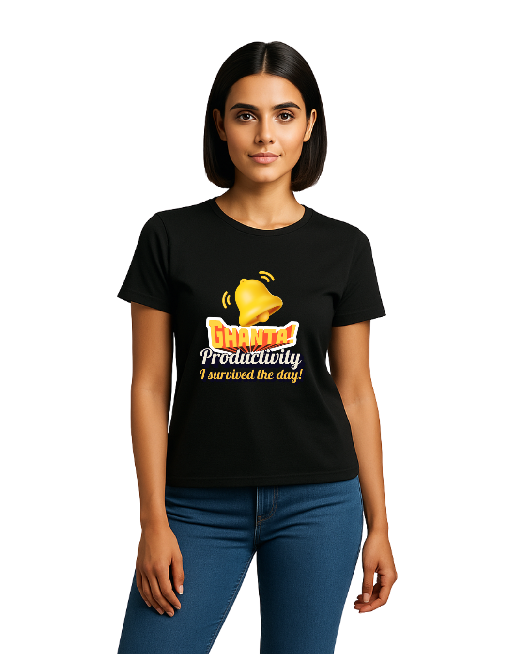 Black Round Neck T-Shirt Women – "Ghanta Productivity, I Survived the Day" Slogan Print