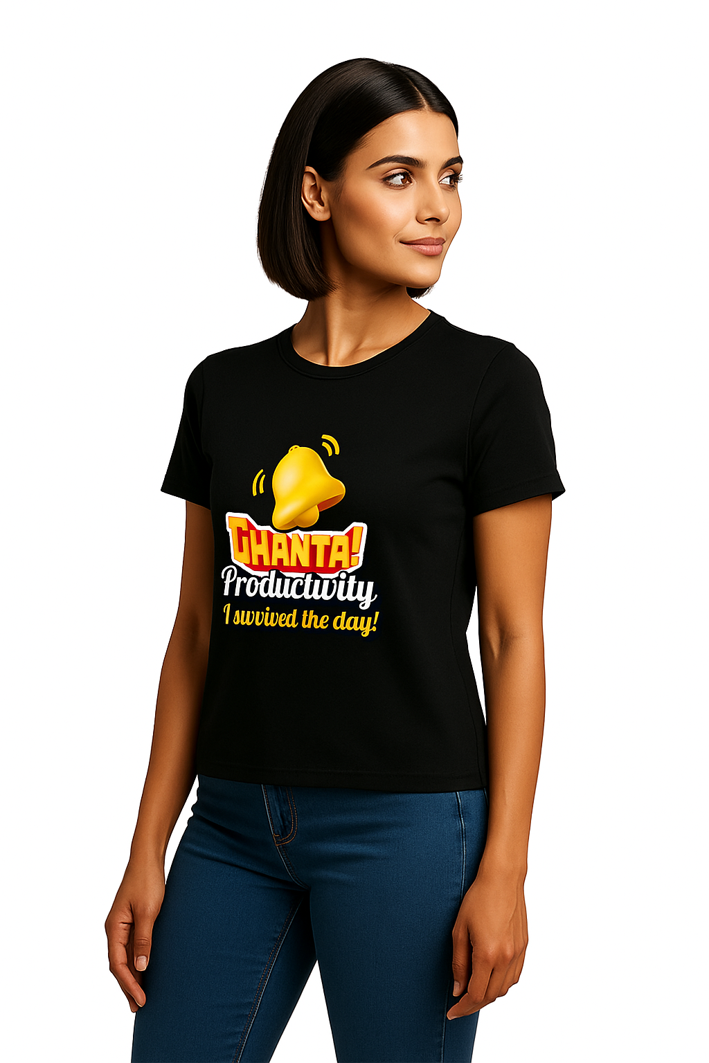 Black Round Neck T-Shirt Women – "Ghanta Productivity, I Survived the Day" Slogan Print