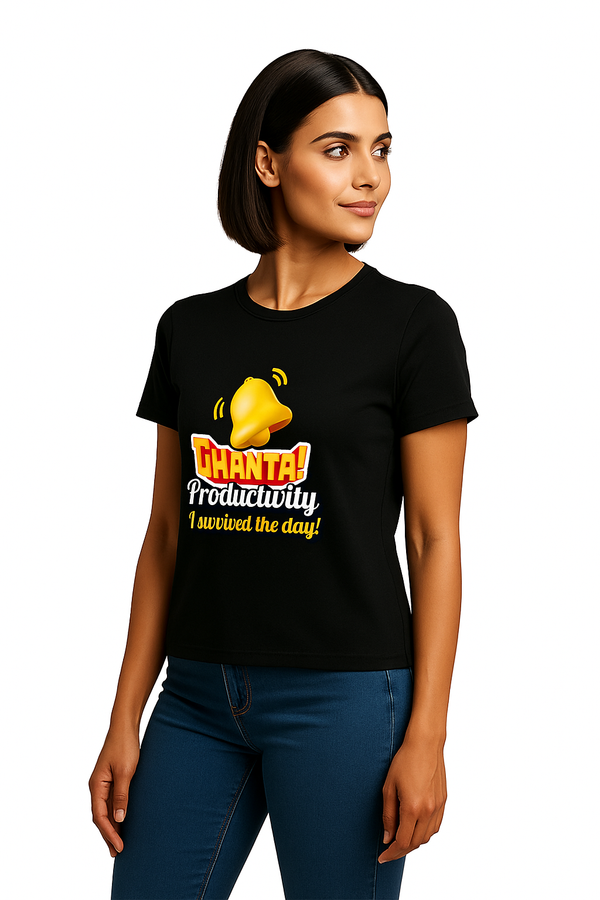Black Round Neck T-Shirt Women – "Ghanta Productivity, I Survived the Day" Slogan Print