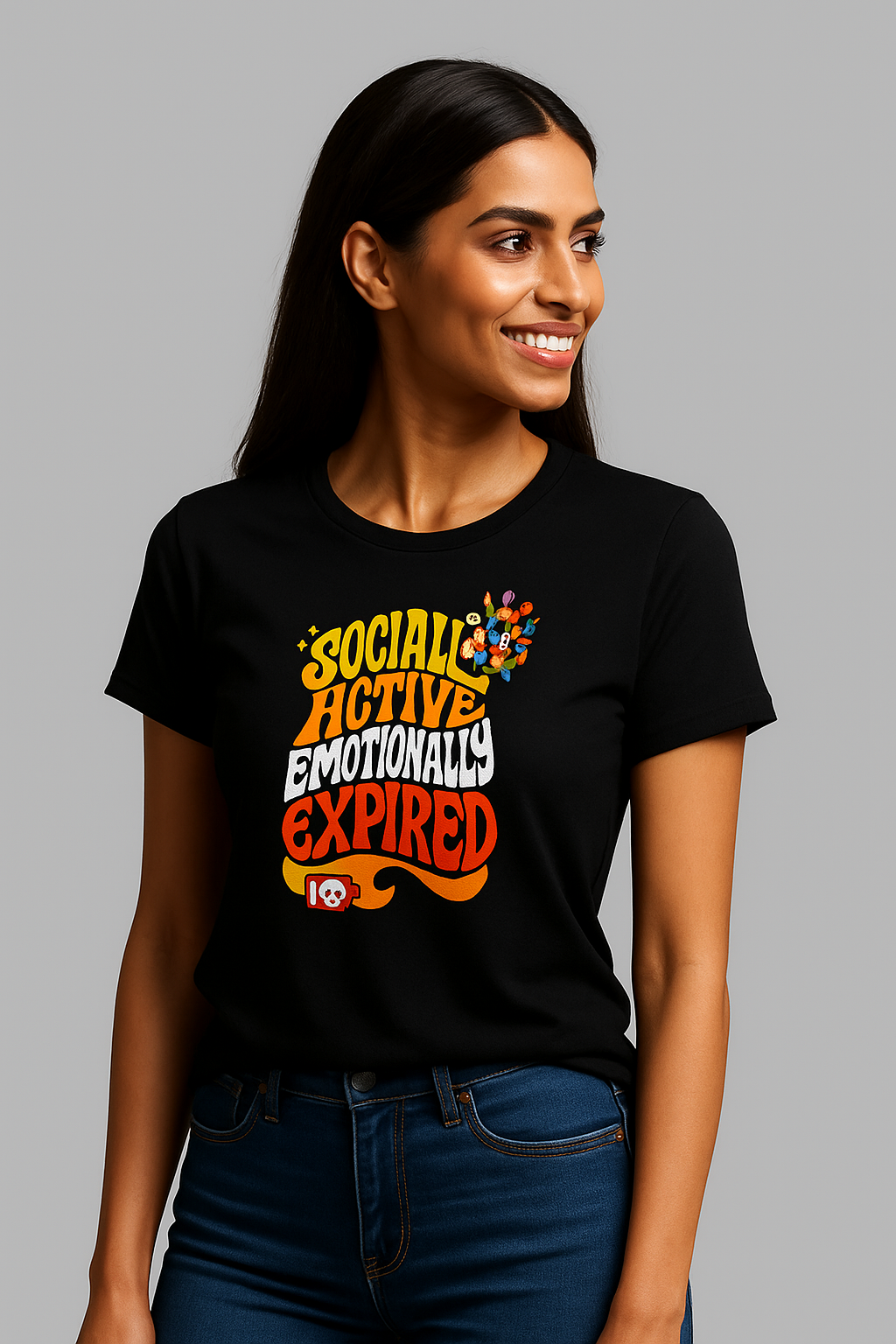 Black Round Neck T-Shirt Women – "Socially Active, Emotionally Down"