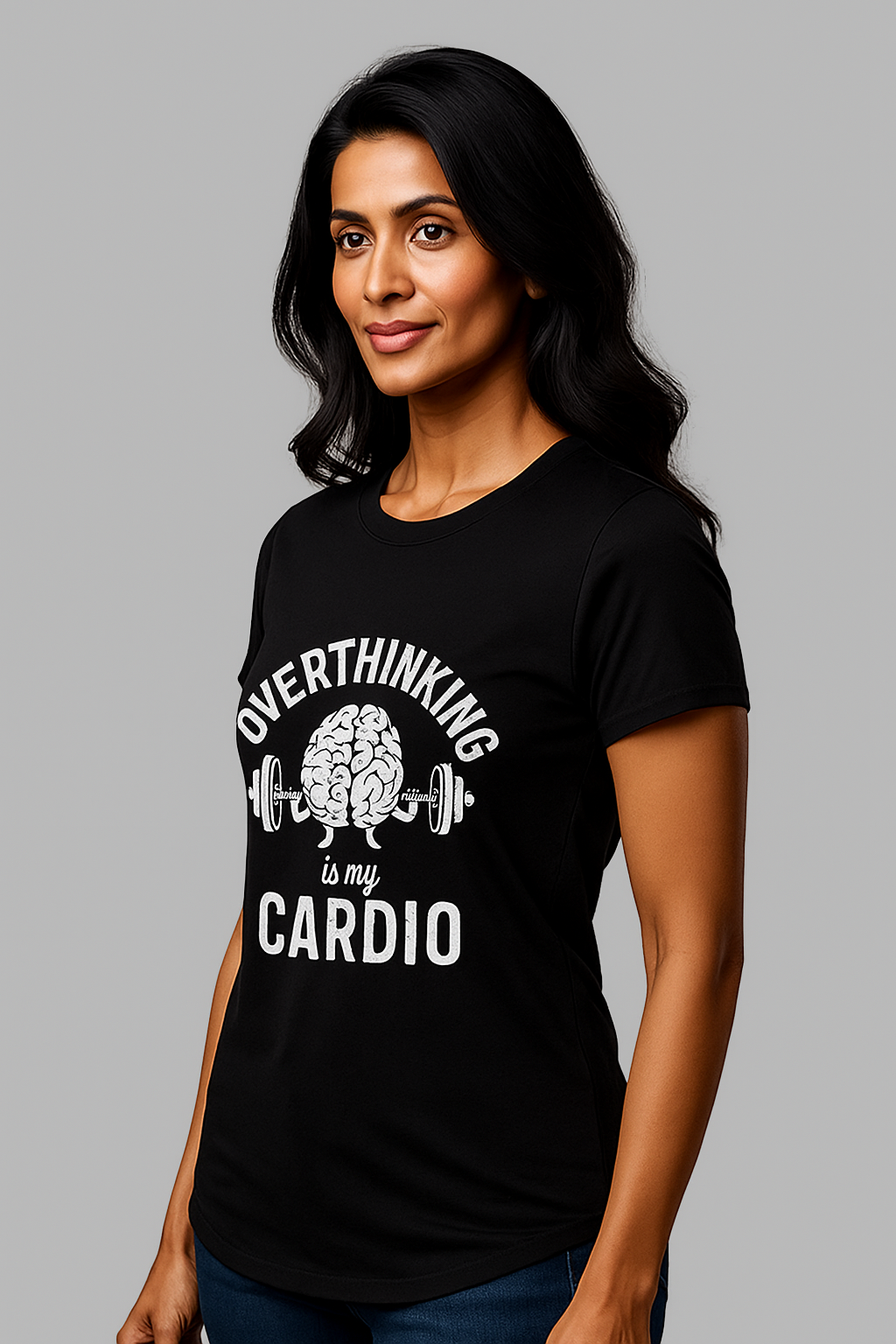 Black Round Neck T-Shirt Women – "Overthinking Is My Cardio"