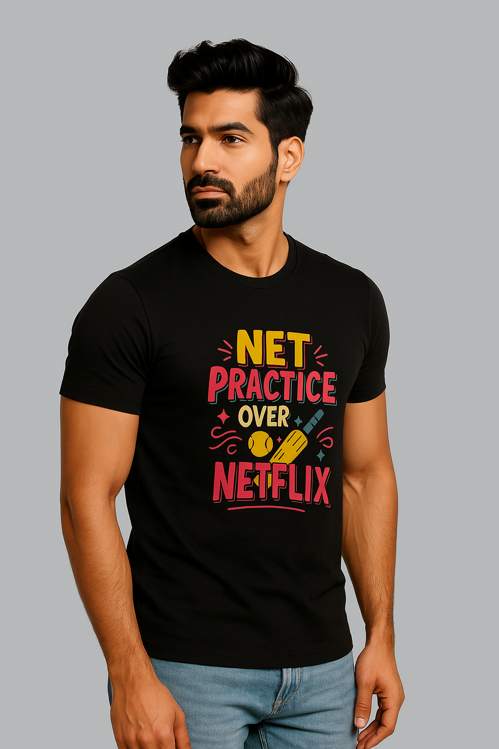 Black Round Neck T-Shirt Men "Net Practice Over Netflix"