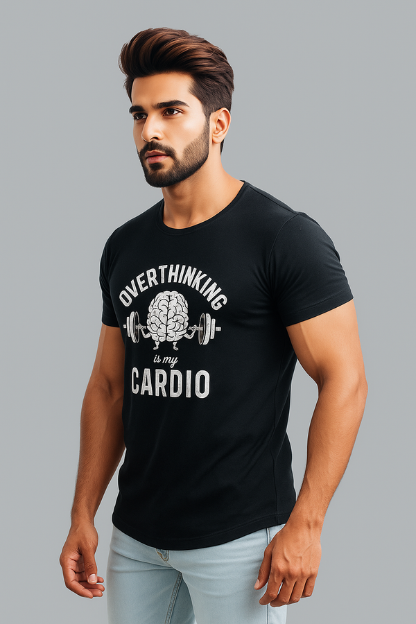 Men's Black Round Neck T-Shirt – "Overthinking is My Cardio"