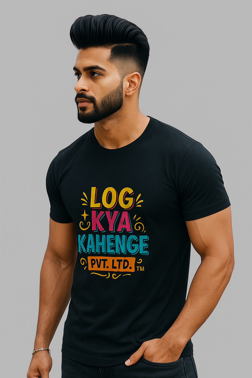 Black Round Neck T Shirt - Men -  "Log Kya Kahenge Pvt. Ltd."