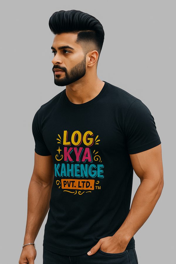 Black Round Neck T Shirt - Men -  "Log Kya Kahenge Pvt. Ltd."