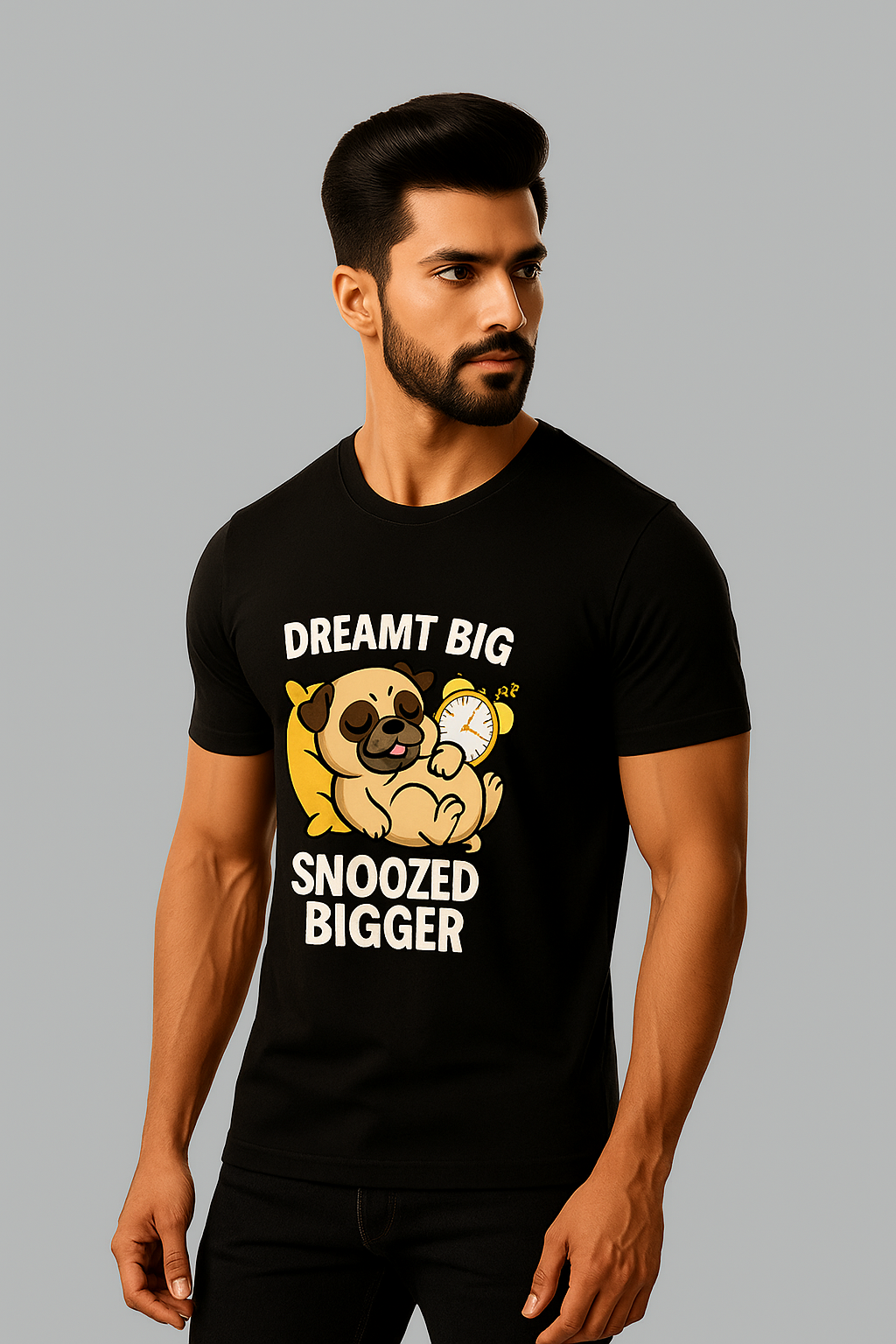 Men's Black Round Neck T-Shirt – "Dreamt Big, Snoozed Bigger"