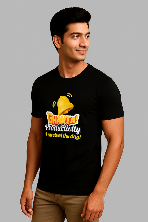 Black Round Neck T-Shirt For Men - "Ghanta Productivity – I Survived the Day"
