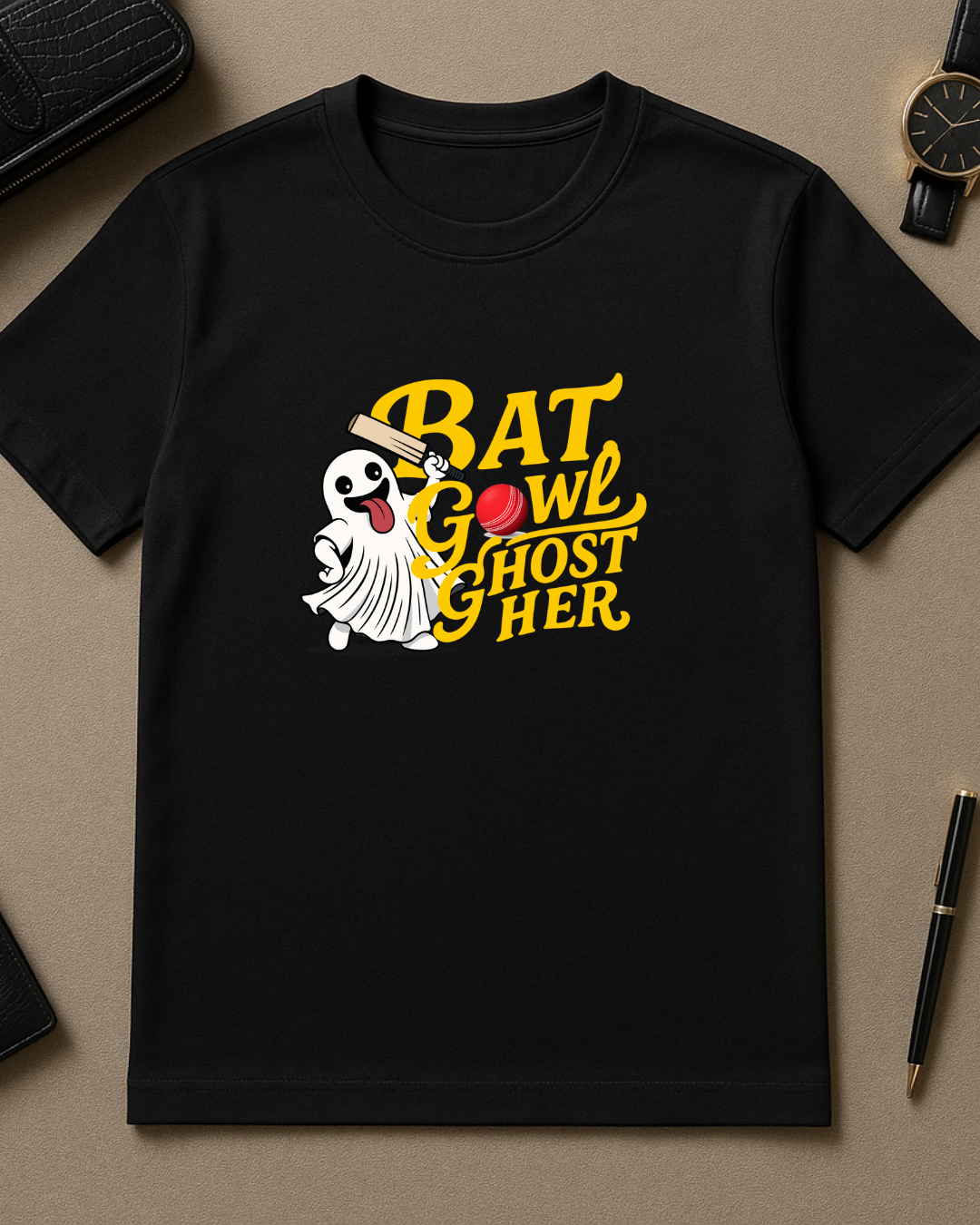 Black Round Neck T-Shirt Men – "Bat, Bowl, Ghost Her" Slogan Print