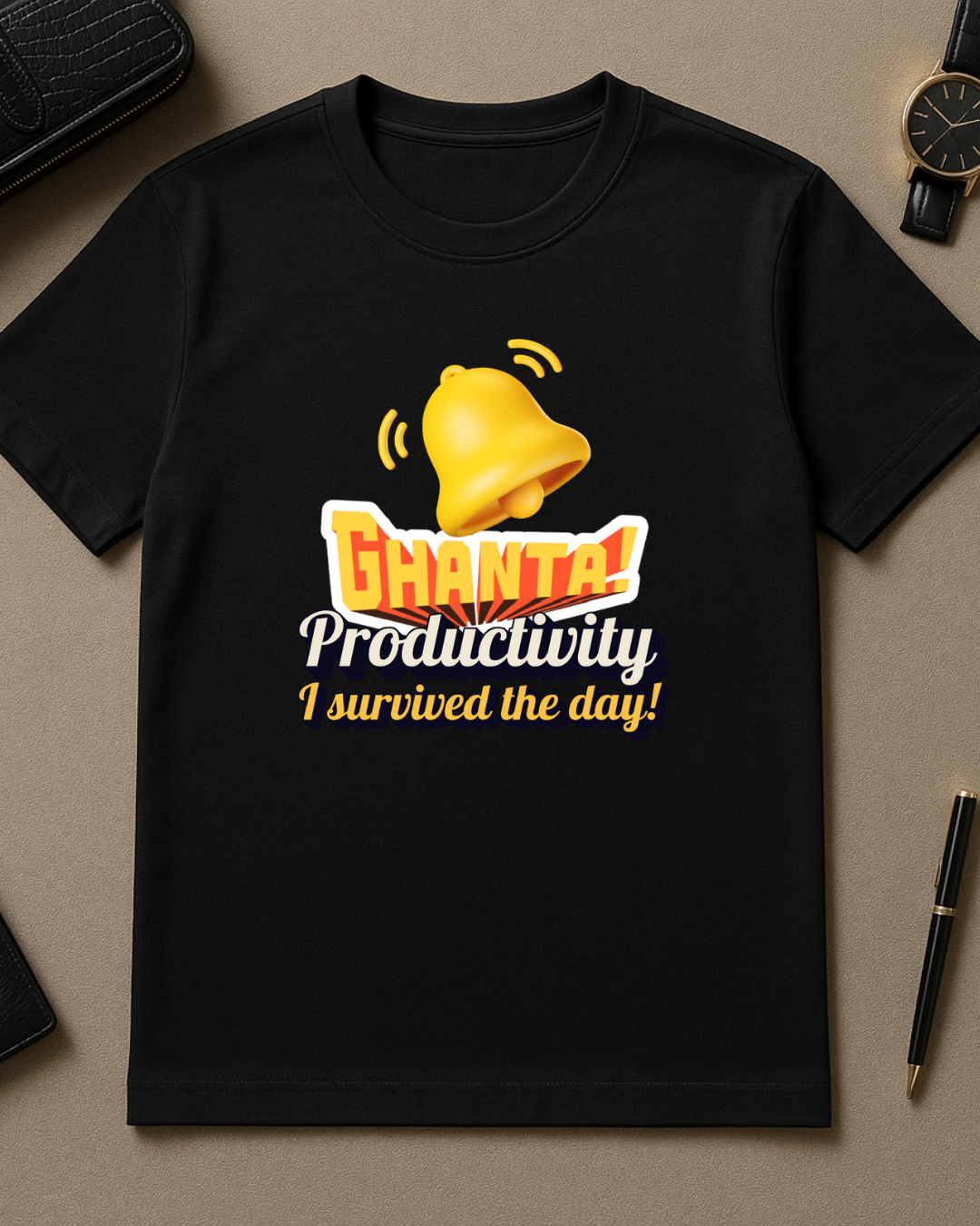 Black Round Neck T-Shirt Women – "Ghanta Productivity, I Survived the Day" Slogan Print