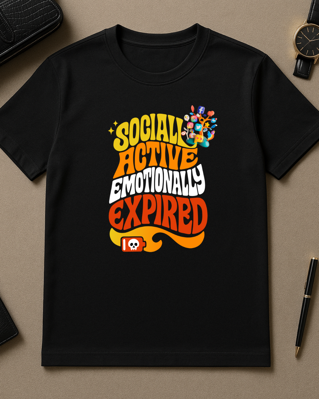 Black Round Neck T-Shirt Women – "Socially Active, Emotionally Down"
