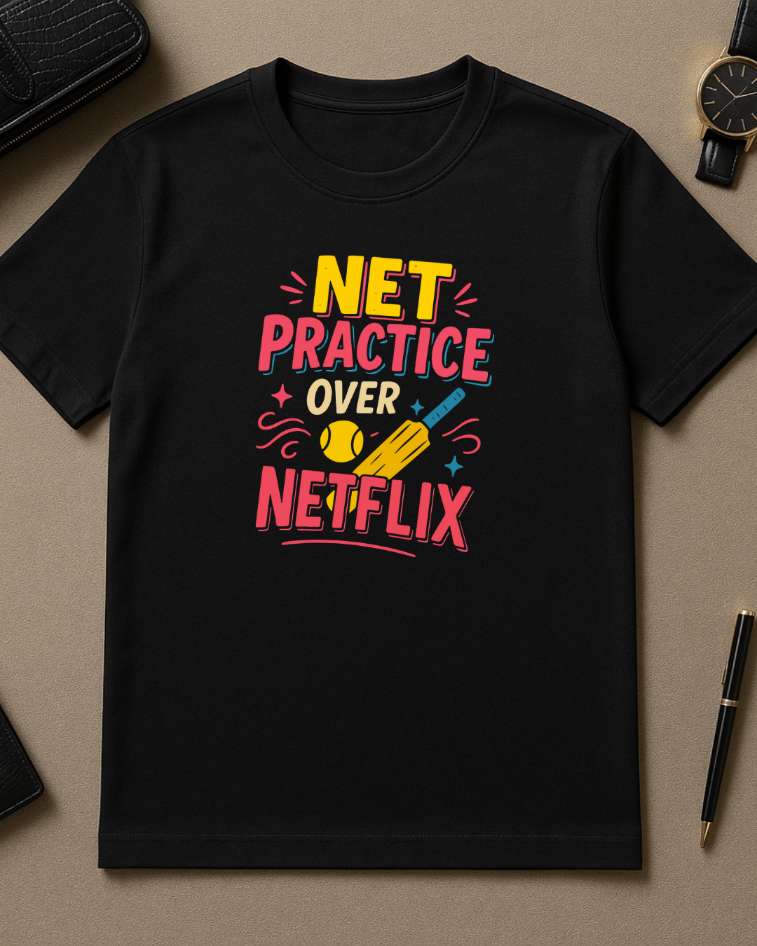Black Round Neck T-Shirt Men "Net Practice Over Netflix"