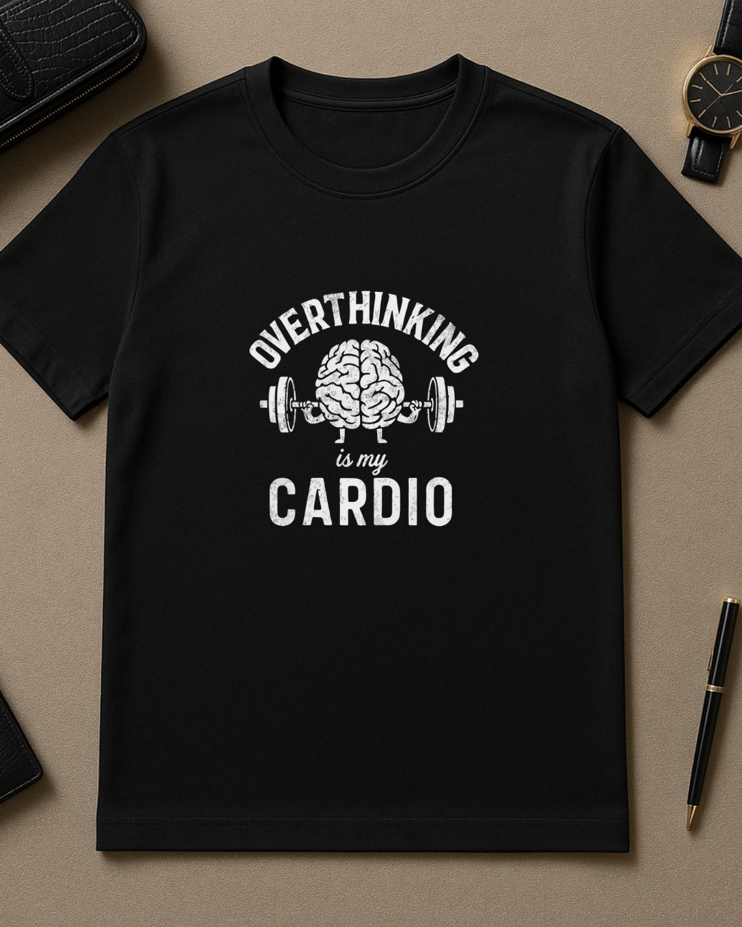 Black Round Neck T-Shirt Women – "Overthinking Is My Cardio"
