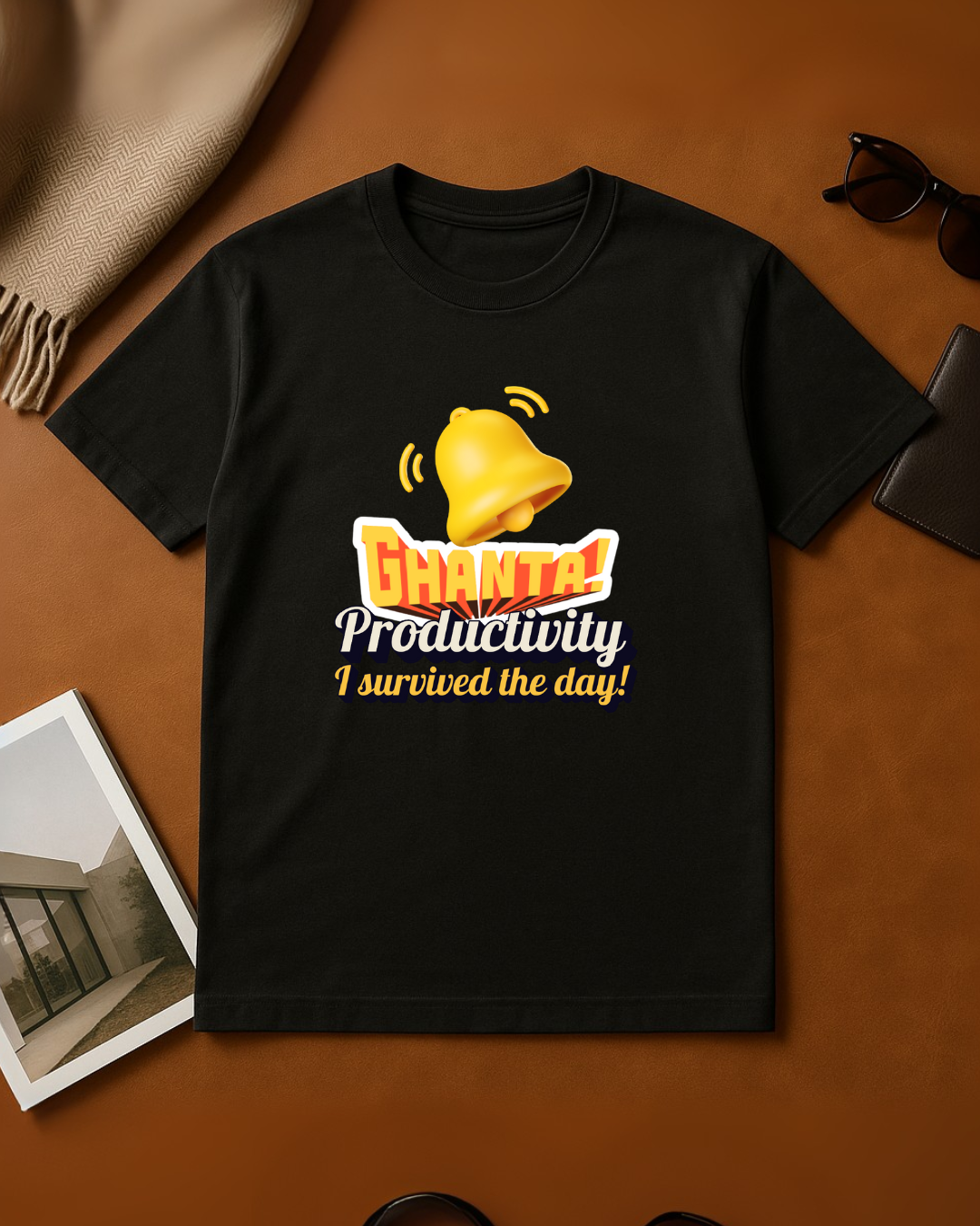 Black Round Neck T-Shirt Women – "Ghanta Productivity, I Survived the Day" Slogan Print