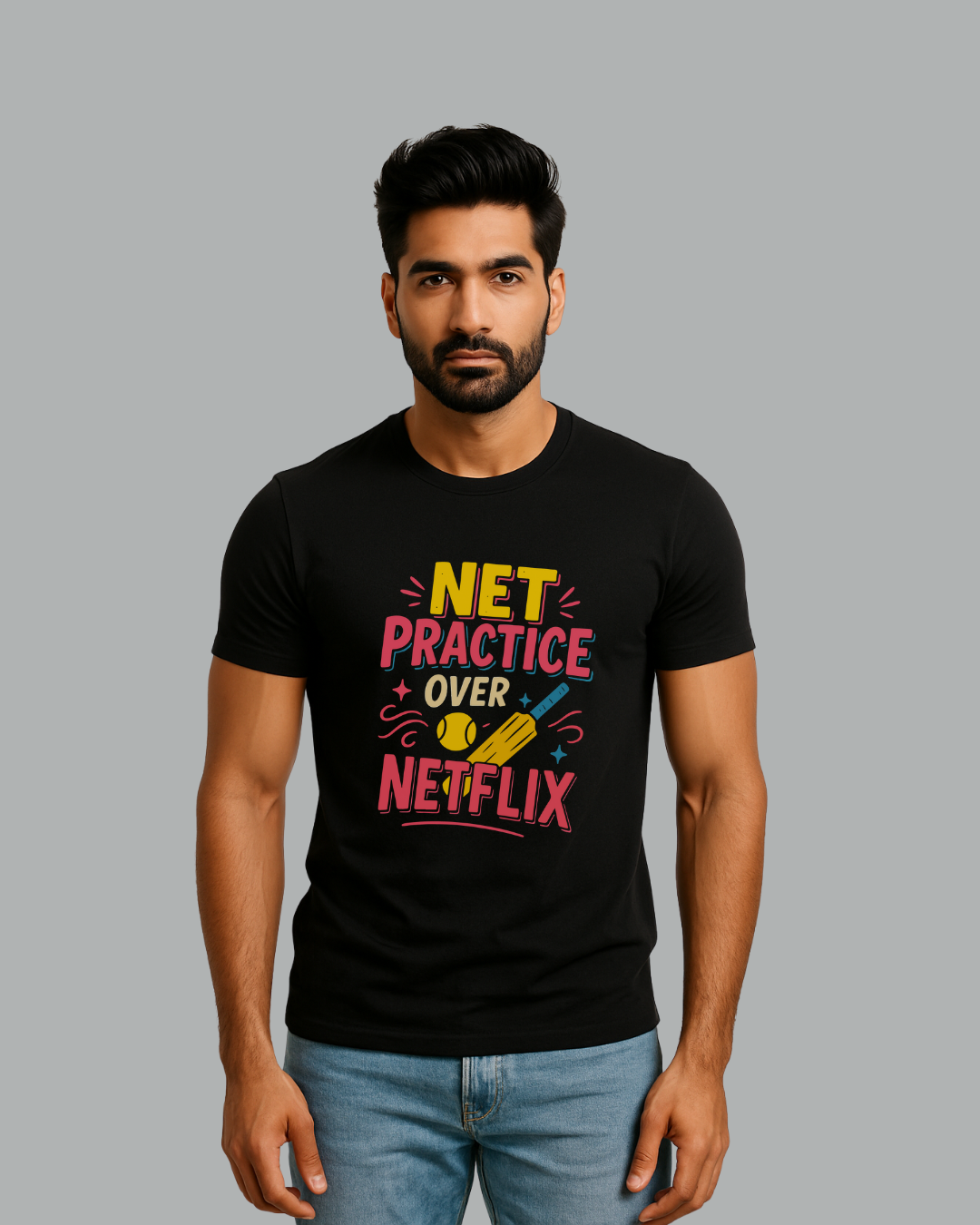 Black Round Neck T-Shirt Men "Net Practice Over Netflix"