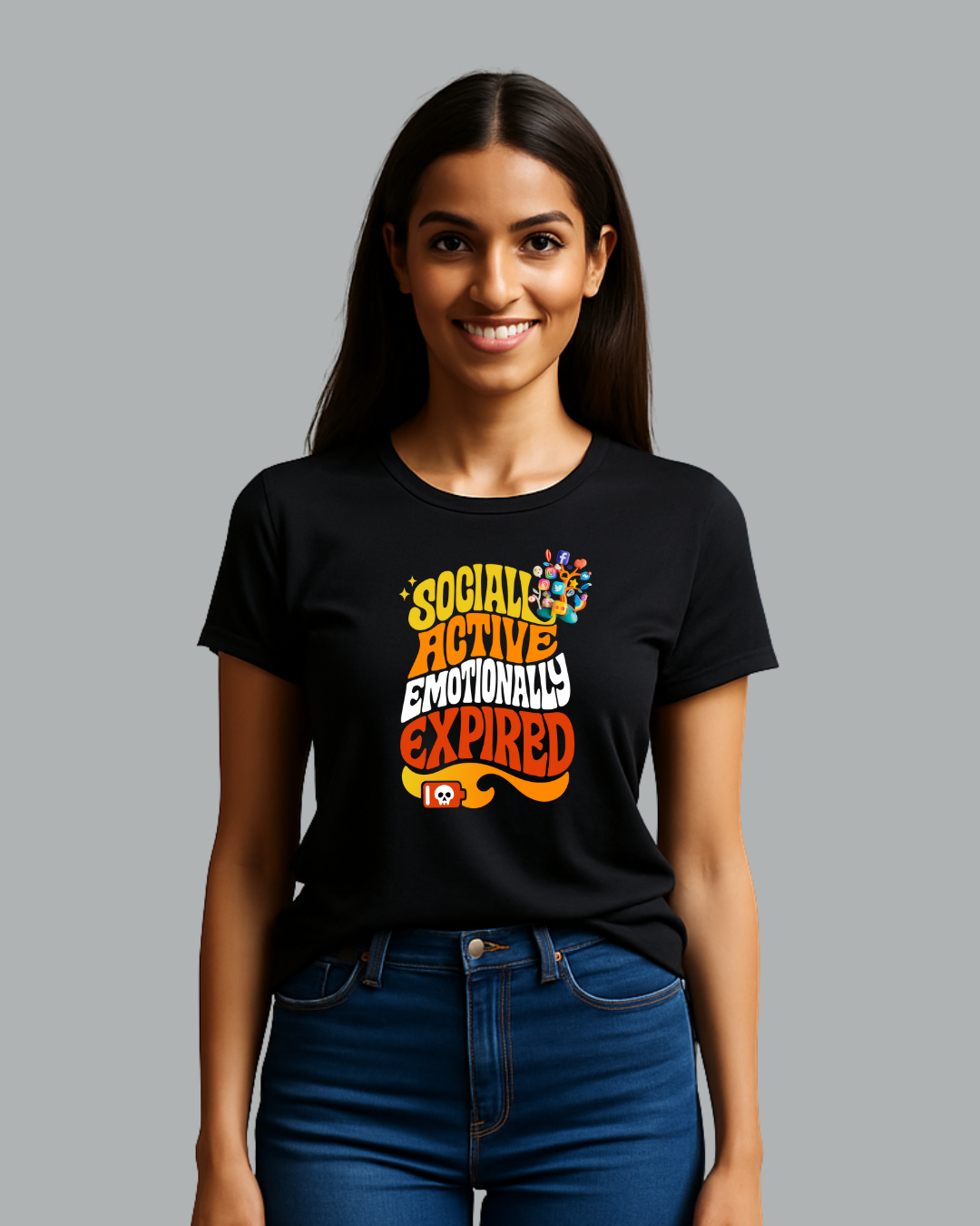 Black Round Neck T-Shirt Women – "Socially Active, Emotionally Down"