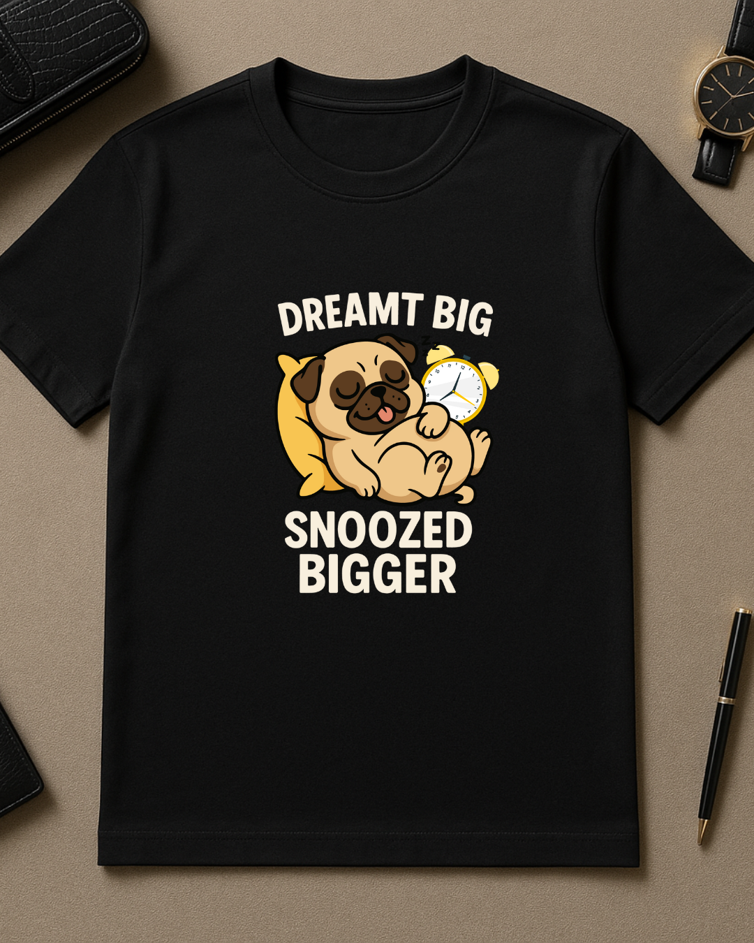 Black Round Neck T-Shirt Women – "Dreamt Big, Snoozed Big"