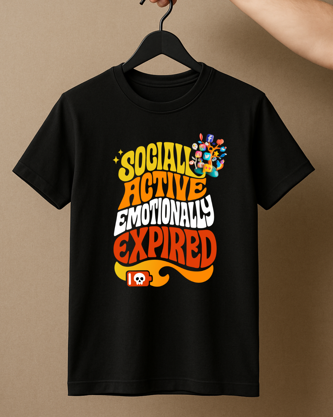 Black Round Neck T-Shirt Women – "Socially Active, Emotionally Down"