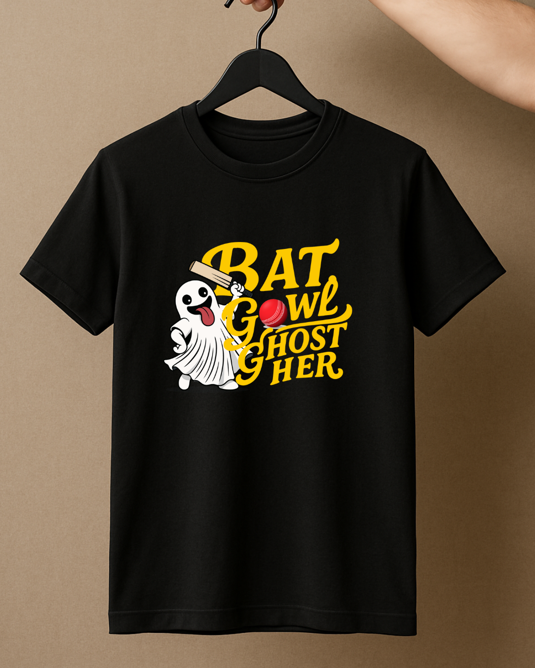 Black Round Neck T-Shirt Women – "Bat, Bowl, Ghost Her" Graphic Slogan Print