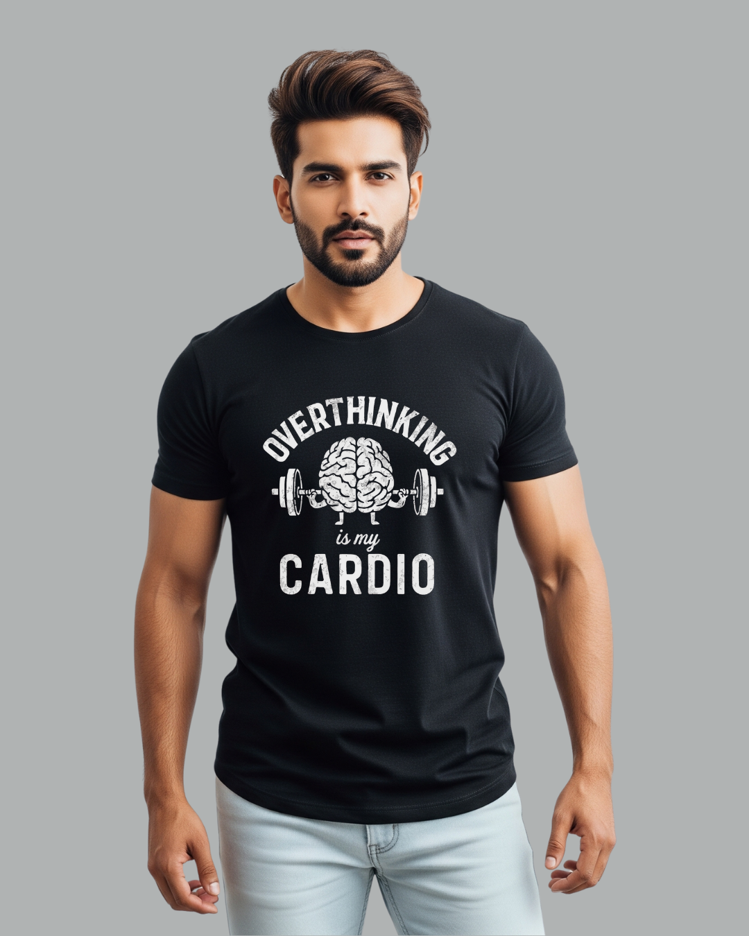 Men's Black Round Neck T-Shirt – "Overthinking is My Cardio"