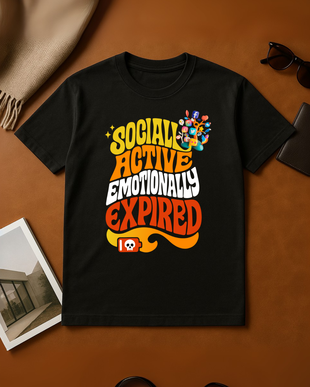 Black Round Neck T-Shirt Women – "Socially Active, Emotionally Down"
