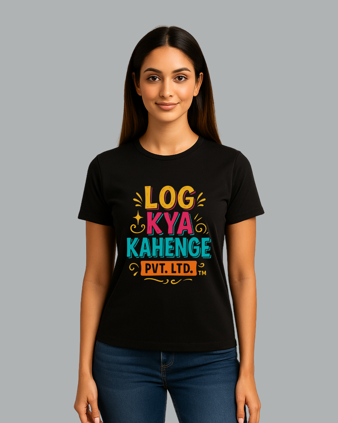 Black Round Neck T-Shirt Women – "Log Kya Kahenge Pvt. Ltd." Slogan Print