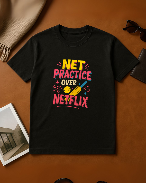 Black Round Neck T-Shirt Men "Net Practice Over Netflix"