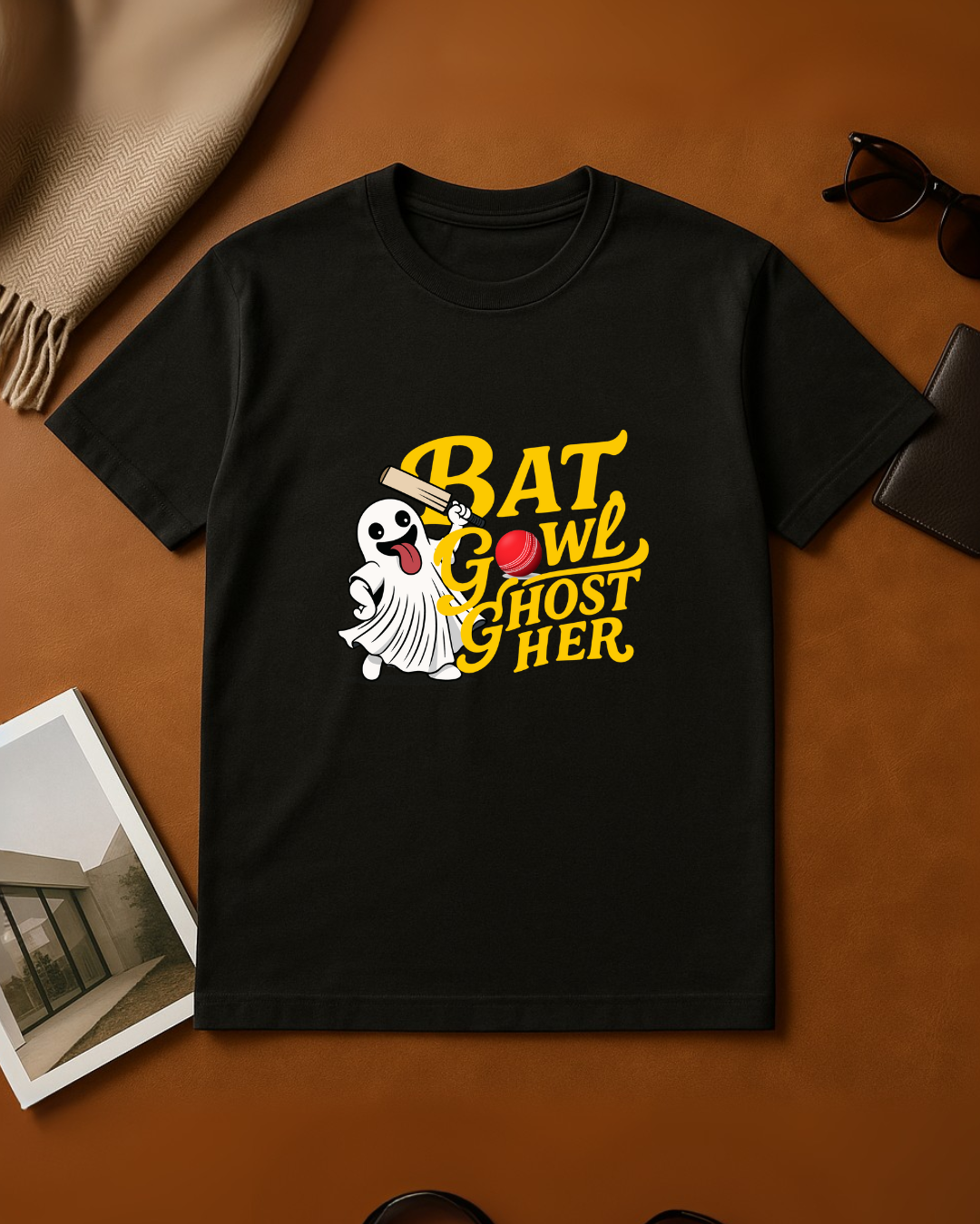 Black Round Neck T-Shirt Women – "Bat, Bowl, Ghost Her" Graphic Slogan Print
