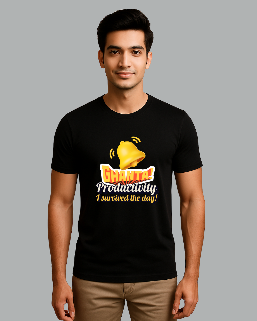 Black Round Neck T-Shirt For Men - "Ghanta Productivity – I Survived the Day"