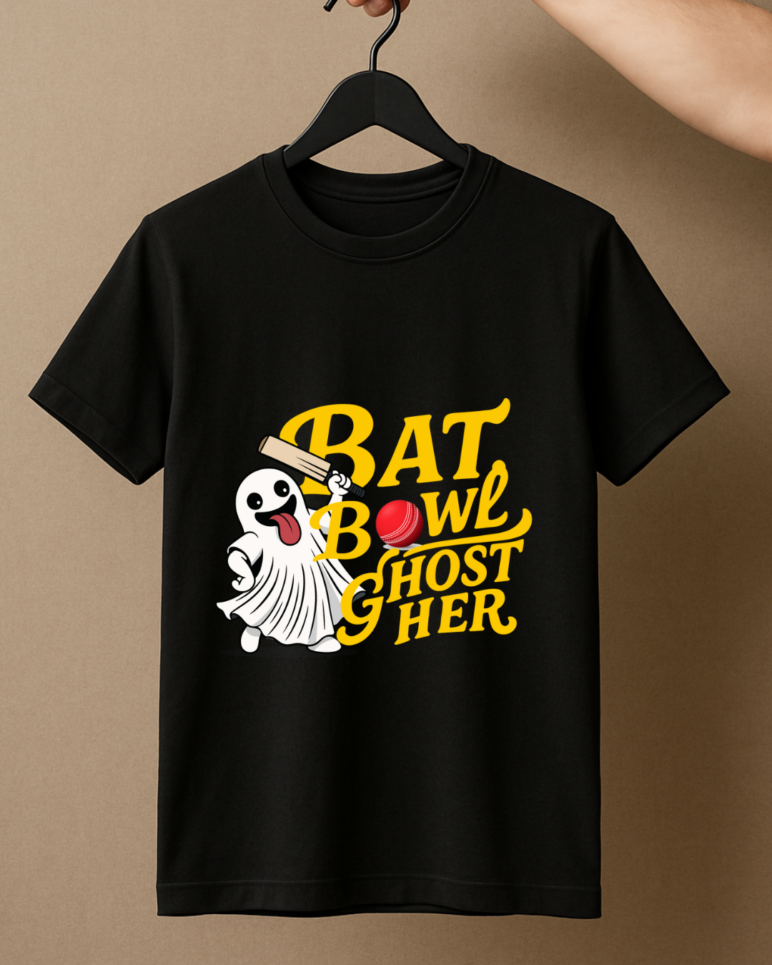 Black Round Neck T-Shirt Men – "Bat, Bowl, Ghost Her" Slogan Print