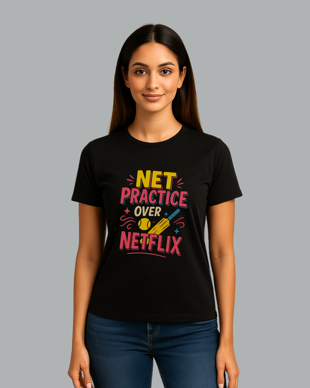 Black Round Neck T-Shirt Women – "Net Practice Over Netflix" Slogan Print