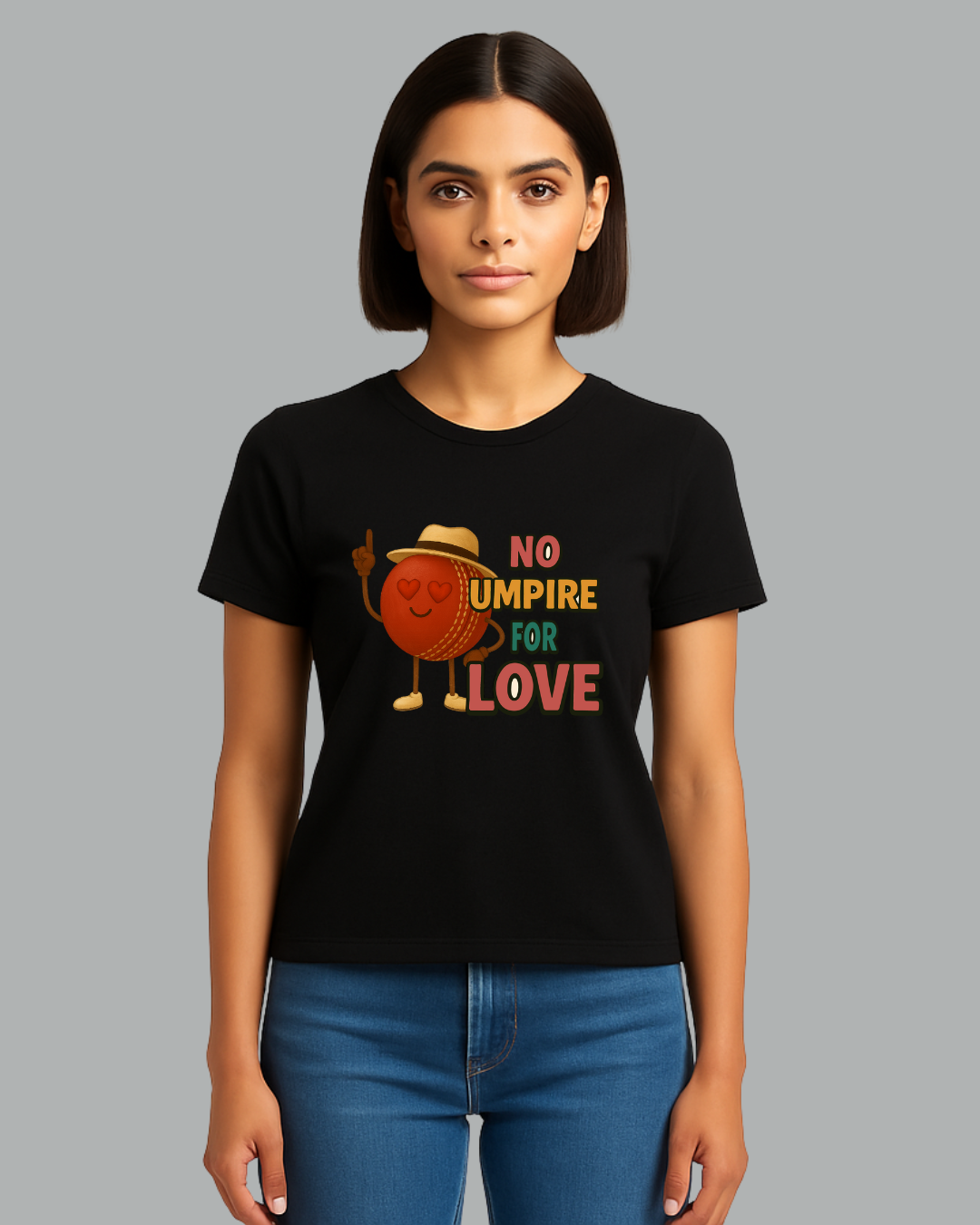 Black Round Neck T-Shirt Women – "No Umpire for Love" Slogan Print