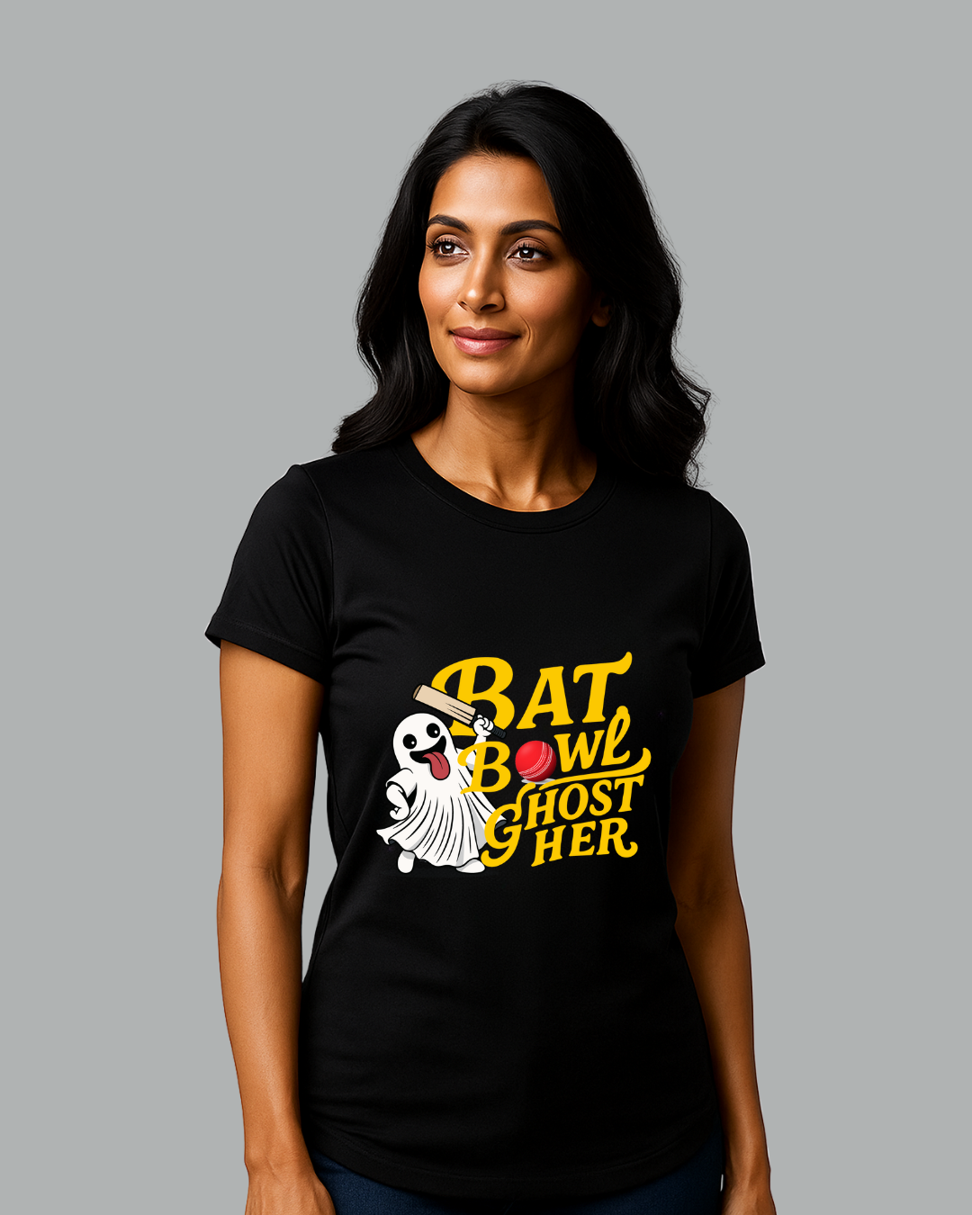 Black Round Neck T-Shirt Women – "Bat, Bowl, Ghost Her" Graphic Slogan Print