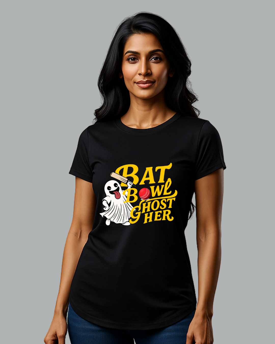 Black Round Neck T-Shirt Women – "Bat, Bowl, Ghost Her" Graphic Slogan Print