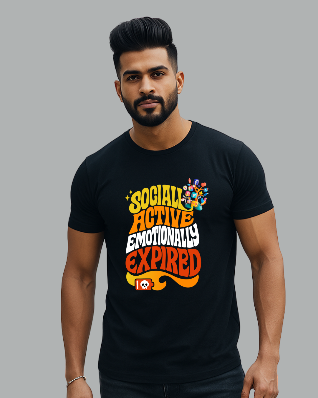 Black Round Neck T-Shirt Men – "Socially Active, Emotionally Expired" Slogan Print