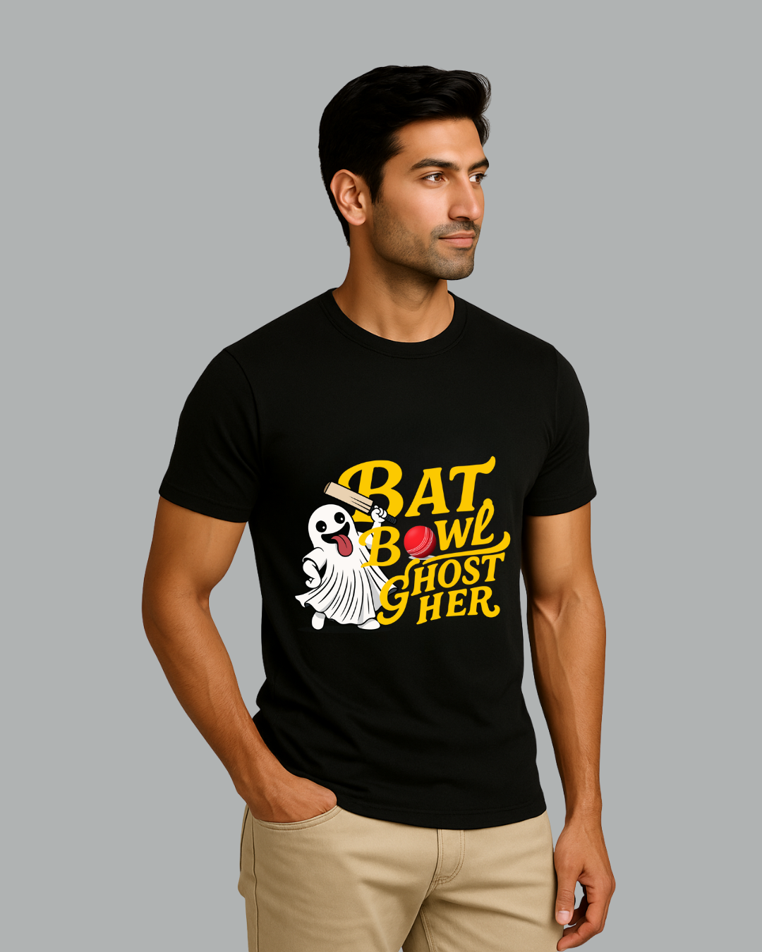 Black Round Neck T-Shirt Men – "Bat, Bowl, Ghost Her" Slogan Print