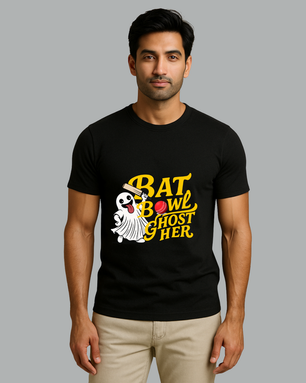 Black Round Neck T-Shirt Men – "Bat, Bowl, Ghost Her" Slogan Print