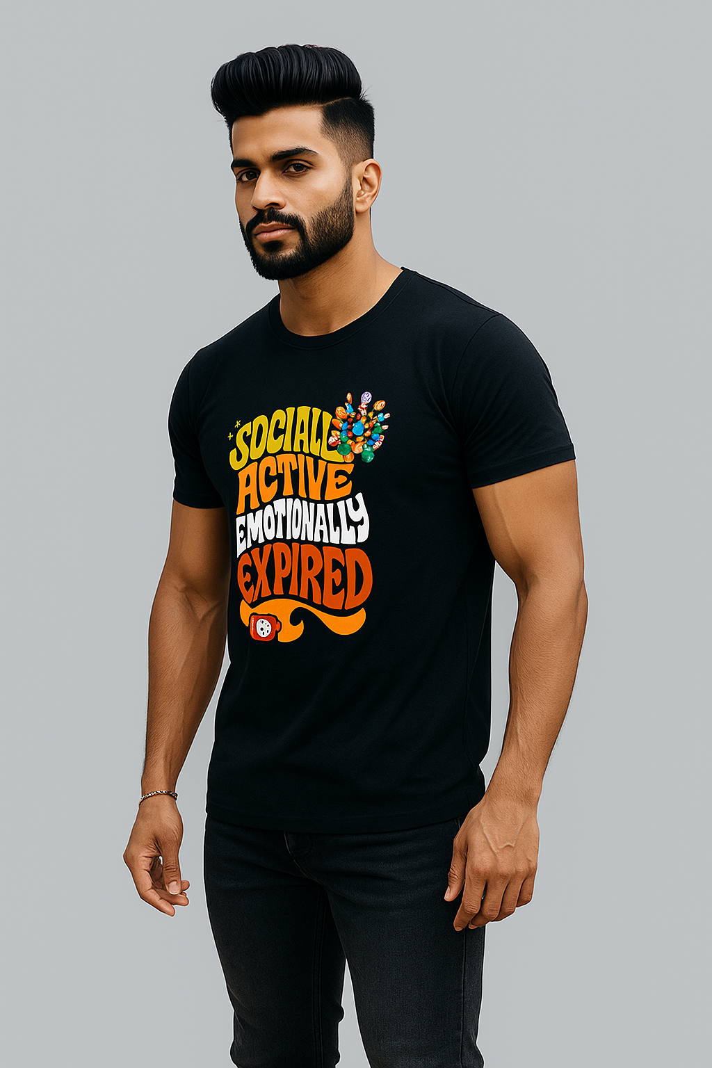 Black Round Neck T-Shirt Men – "Socially Active, Emotionally Expired" Slogan Print