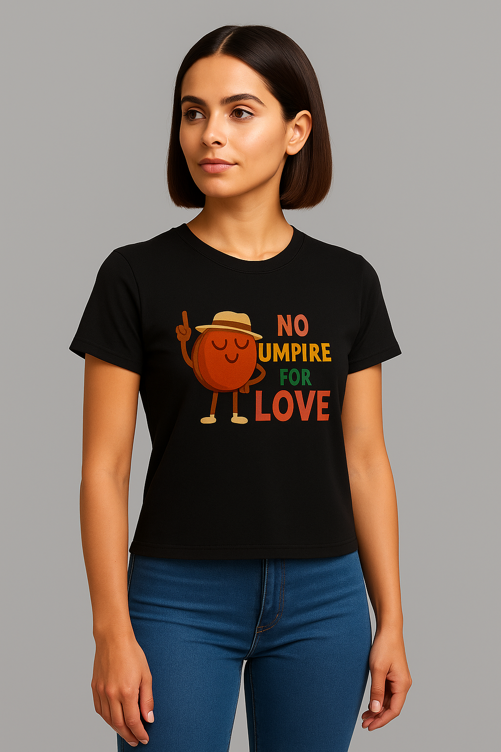 Black Round Neck T-Shirt Women – "No Umpire for Love" Slogan Print