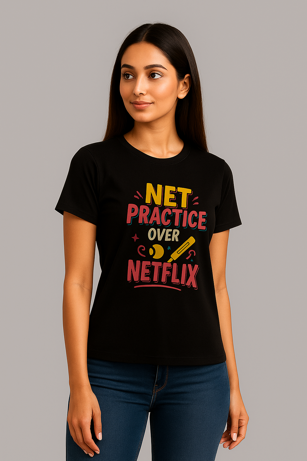 Black Round Neck T-Shirt Women – "Net Practice Over Netflix" Slogan Print