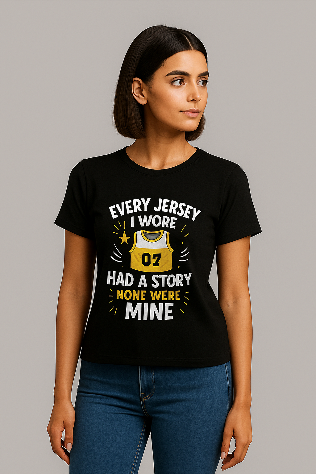 Black Round Neck T-Shirt Women – "Every Jersey I Wore" Slogan Print